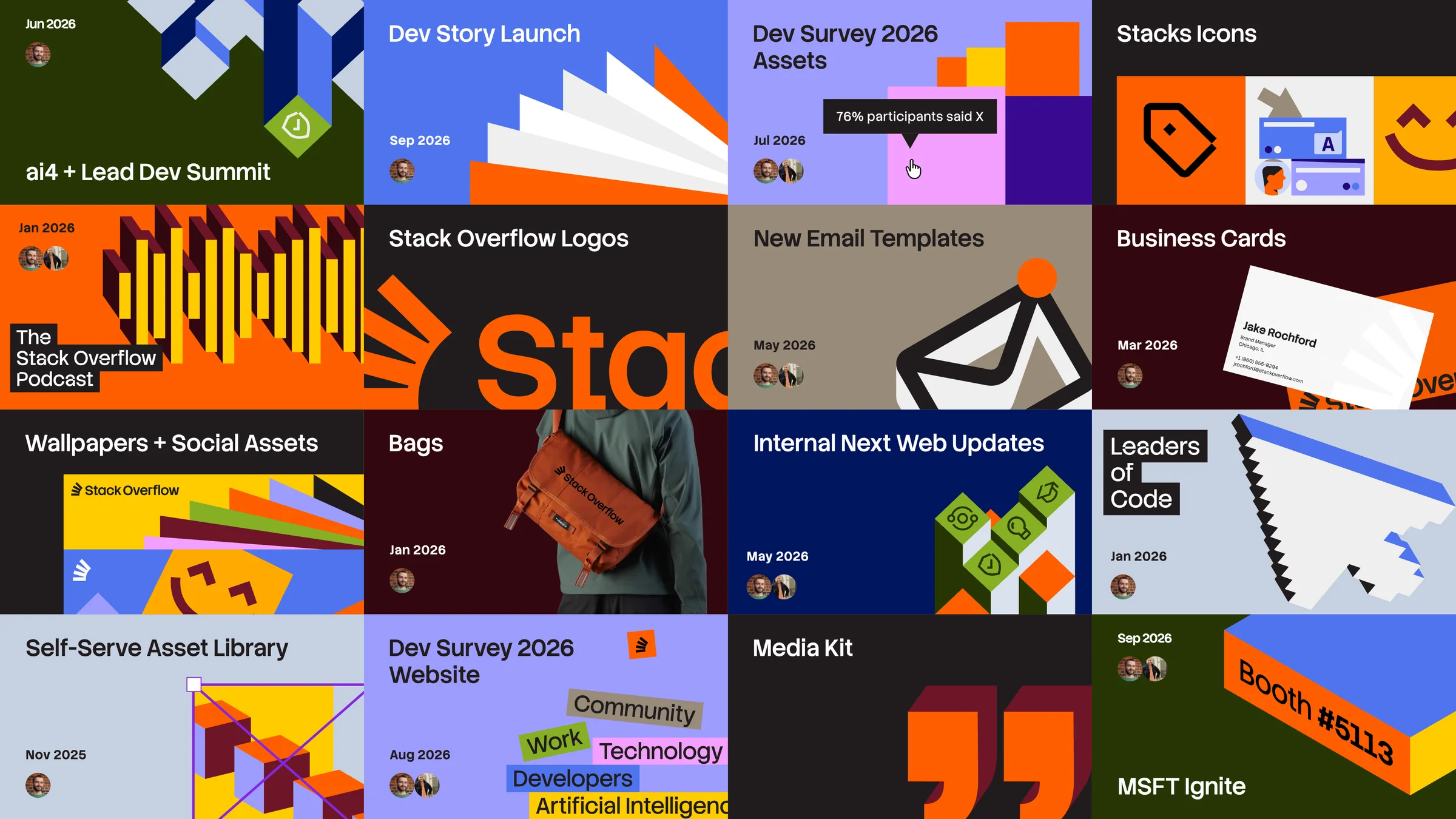Sixteen Figma file covers built on the rebrand’s cover template, one per project — events, launches, the podcast, the developer survey, swag, and more